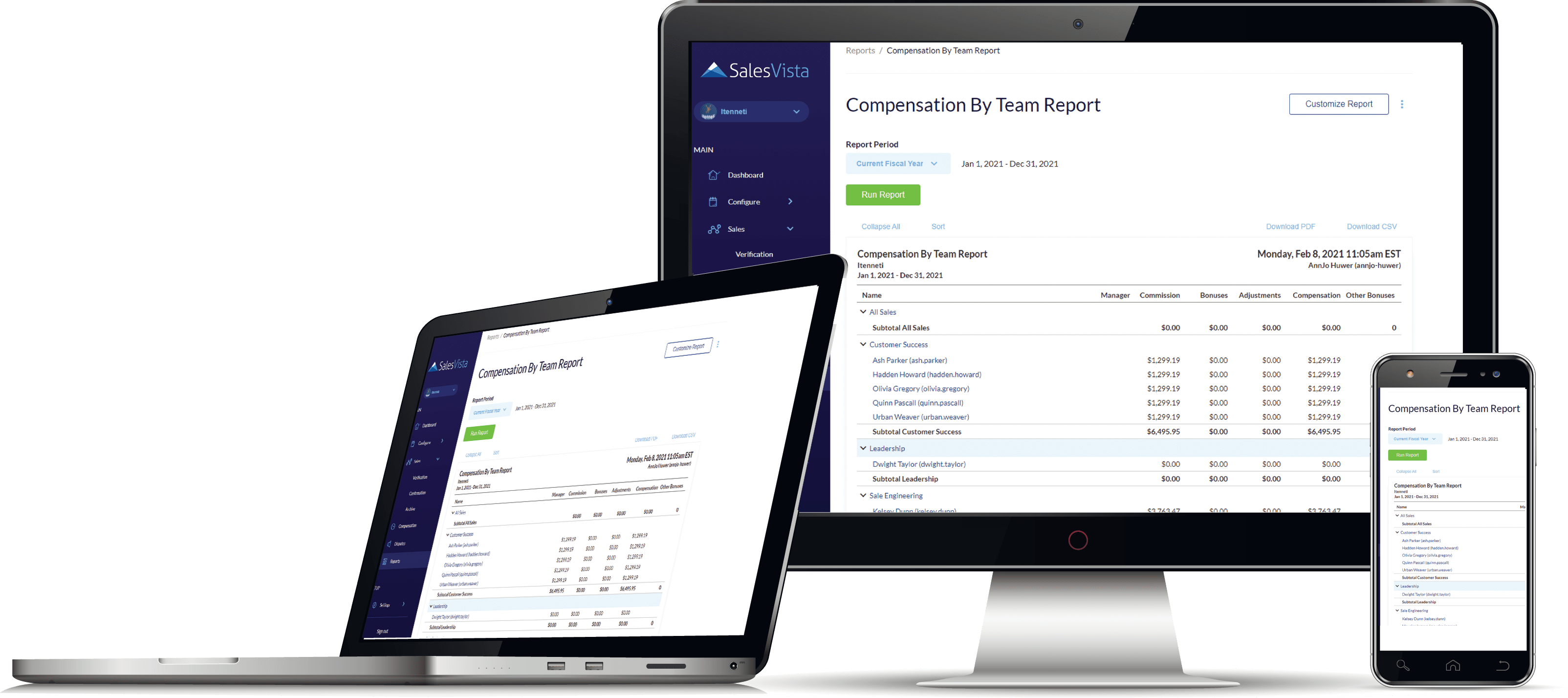 Sales compensation management solution screenshot in a laptop, smartphone, and pc Sales compensation management solution screenshot in a laptop, smartphone, and pc