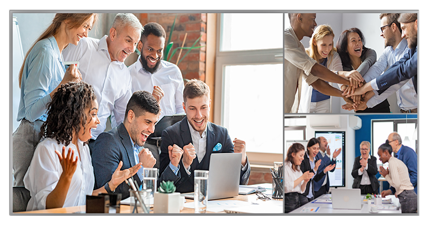 Three diverse teams are excited and happy about using SalesVista's sales compensation management solution